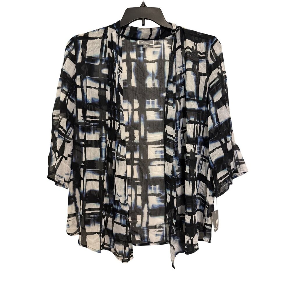 JM Collection Womens Sheer Open-Front Kimono Cardigan M Black/White/Blue Plaid P